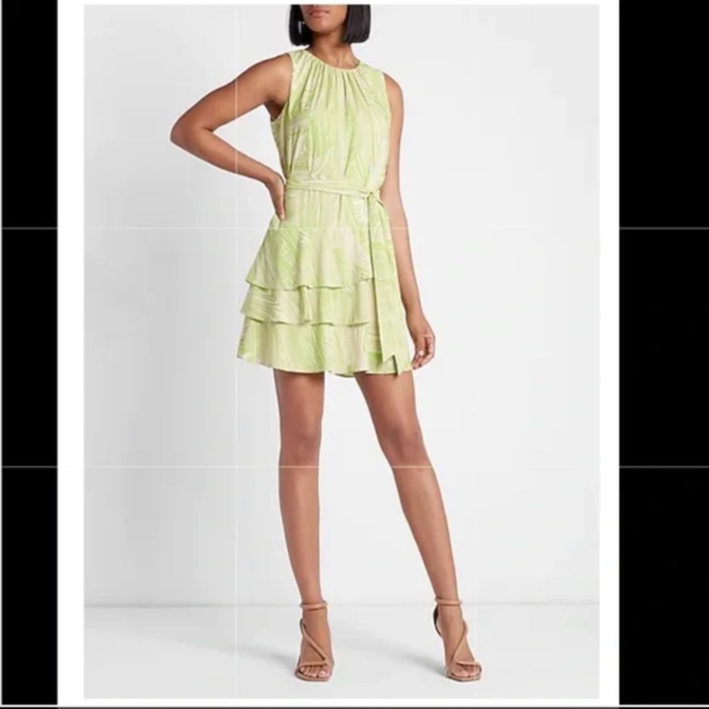 NWT Express Lime Green Tropical Ruffle Dress - Size L 🌿 Tie Waist, 60s Vibes